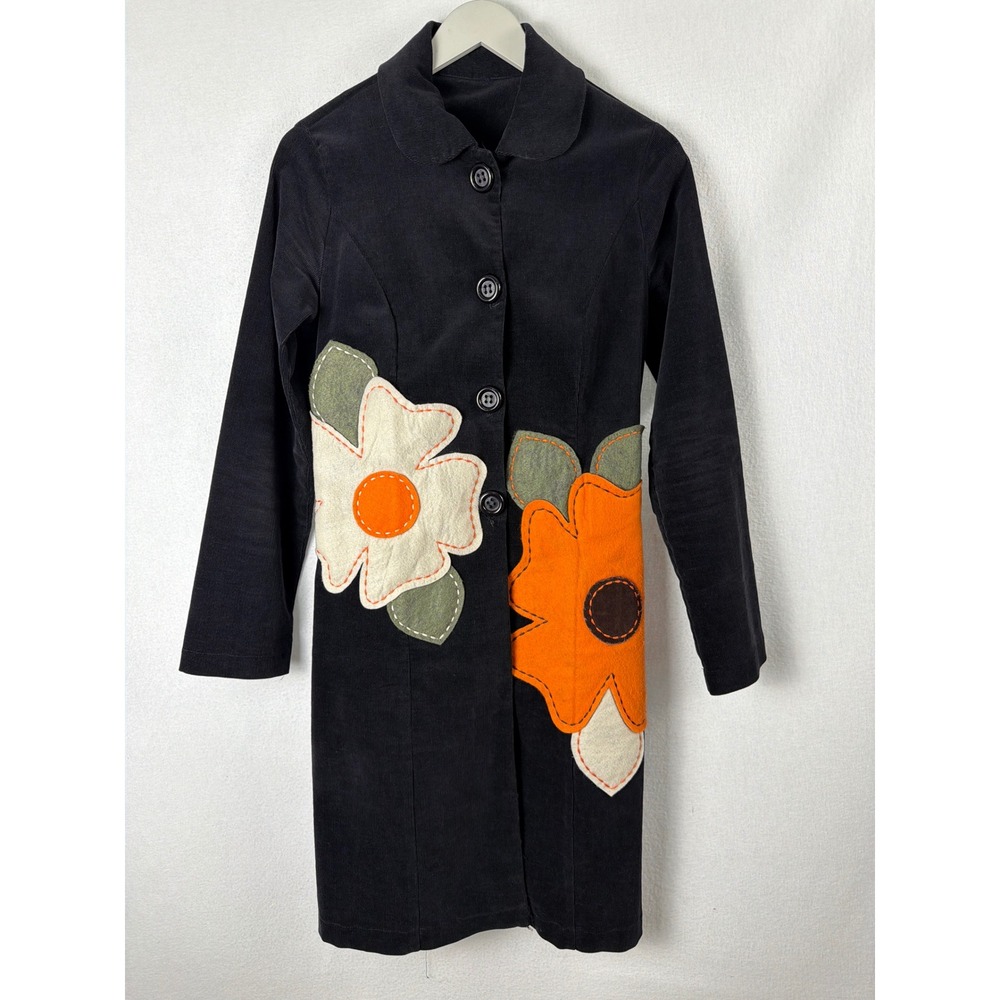 Vintage Floral Applique Black Corduroy Long Jacket Coat Peter Pan Collar Medium